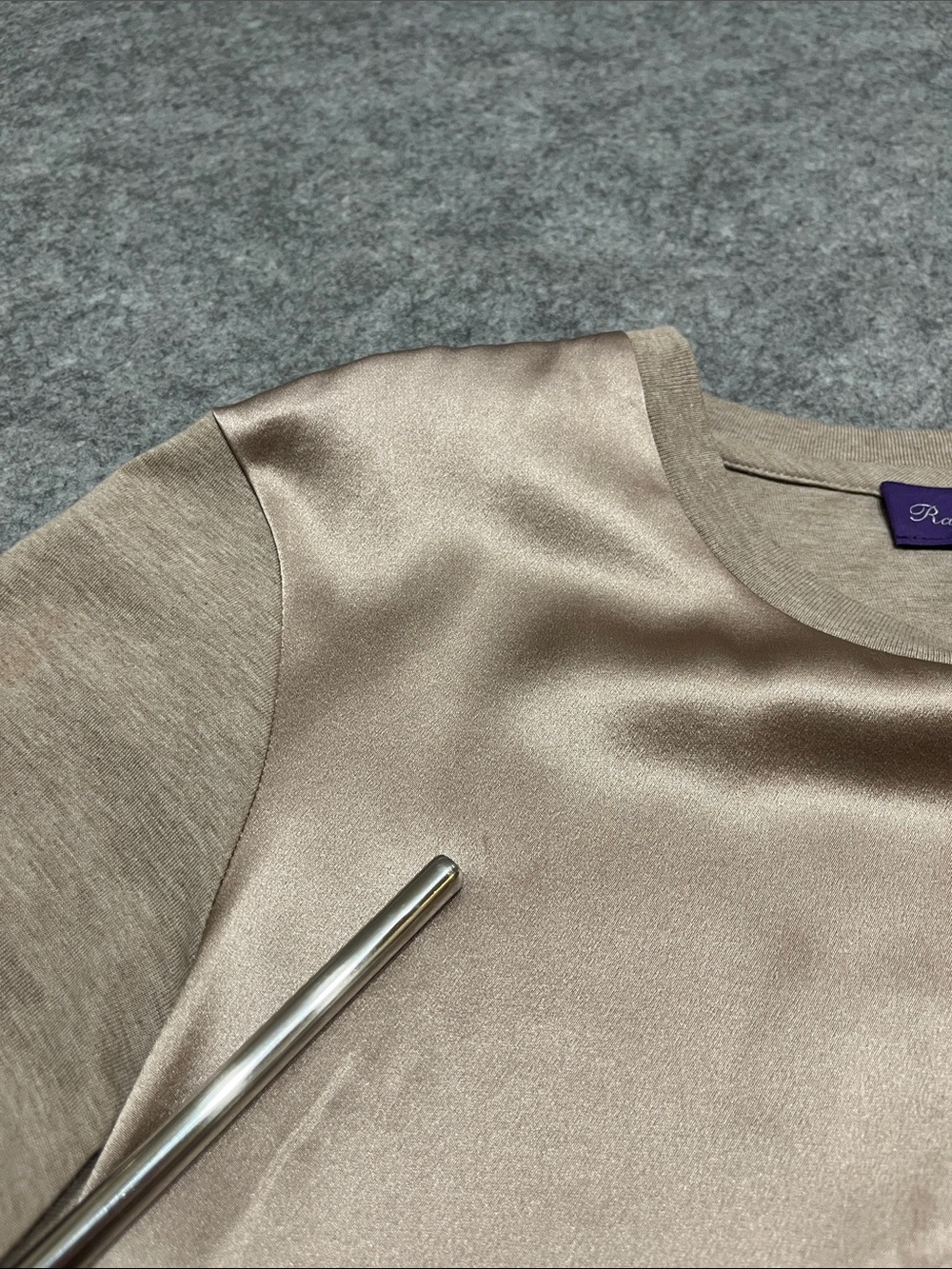 Ralph Lauren Purple Label Taupe Silk-Front Short Sleeve Tee - Picture 6 of 6